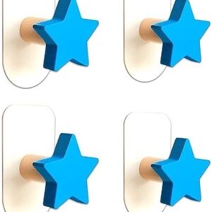 Pack Of 4 Solid Wood Blue Stars Clothing Strong Adhesive Hook NEW